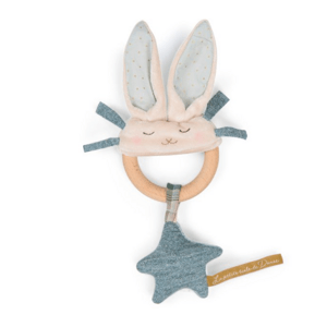 MOULIN ROTY Chrastítko s dřevěným kroužkem Blue rabbit